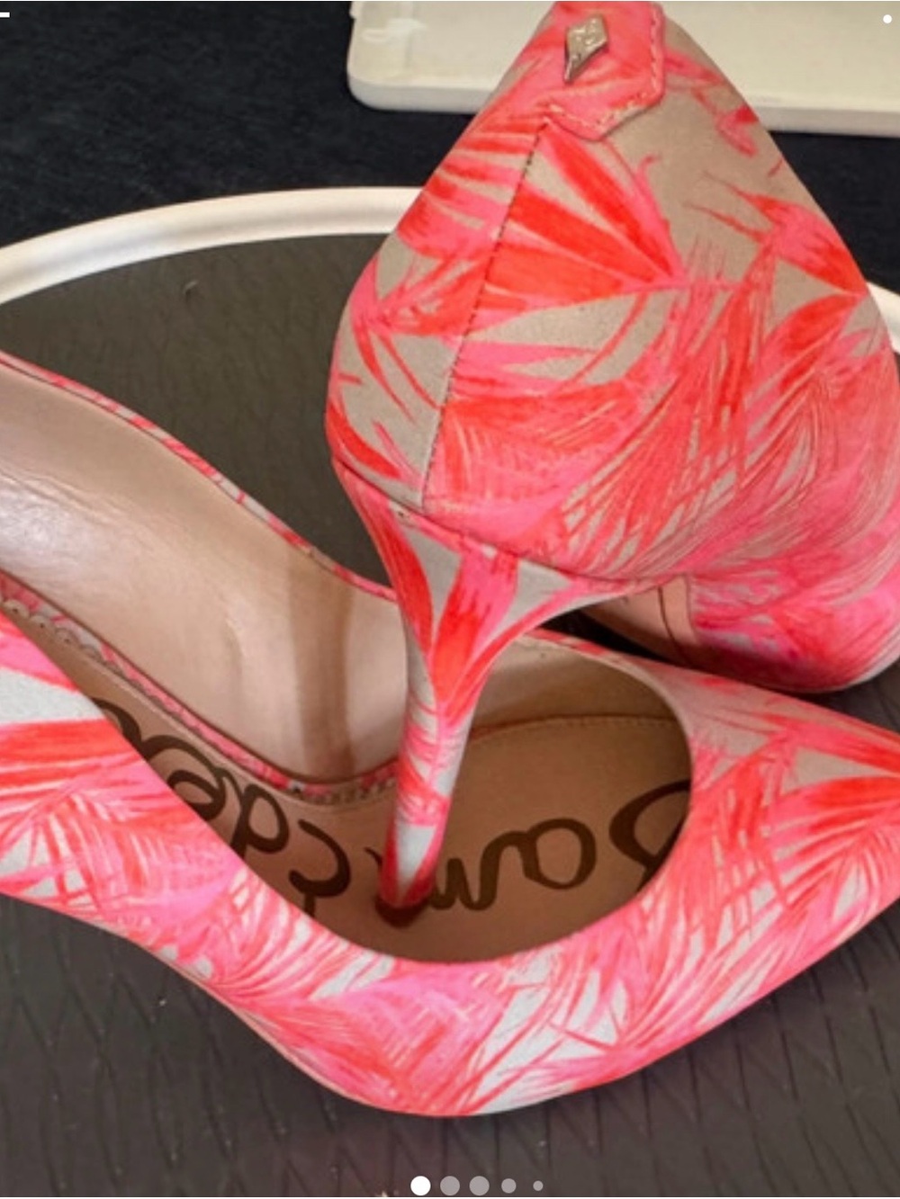 Sam Edelman Coral and Beige Palm-Print Pointed Toe Heels